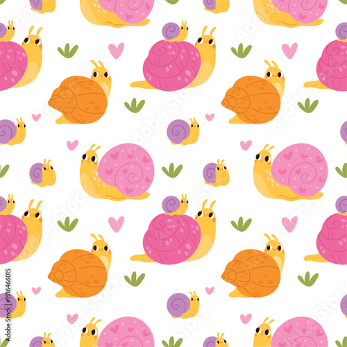 Cartoon snails seamless pattern. Repeated funny clams with shells characters, cartoon color mascots, cute slug textile, wrapping paper, wallpaper. Print for fabric garish vector background