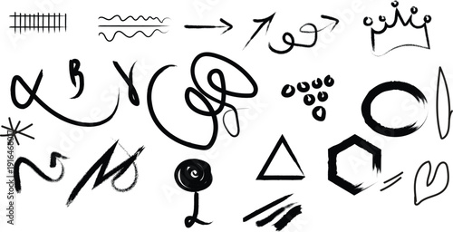 Collection of Hand Drawn Black Brush Stroke Shapes Arrows Crown and Heart on White Background symbol