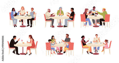 Cartoon restaurant visitors. Happy people eat food and talk, tables set, gourmet food and alcohol, tableware, meeting friends, family with children, romantic couple, tidy vector illustration