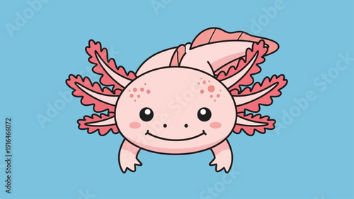 Cute pink axolotl cartoon illustration against blue background