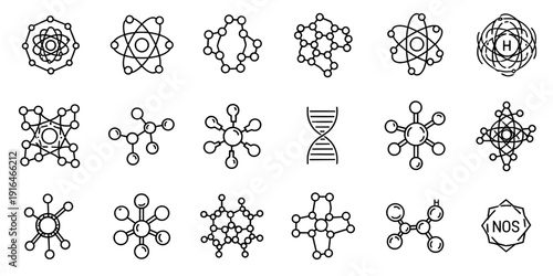 Molecular Structures: A set of intricate, monochrome representations of various molecular structures. Each structure, formed by interconnected spheres.