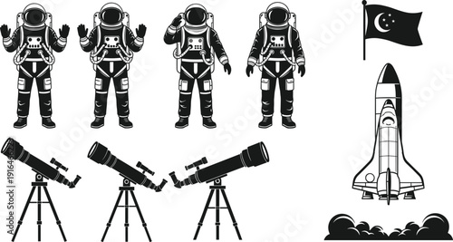 Astronaut Silhouettes, Space Shuttle Launch, Telescope Icons, Crescent Moon Flag, Space Exploration Graphics, Black and White Science Illustration, Cosmic Technology Artwork
