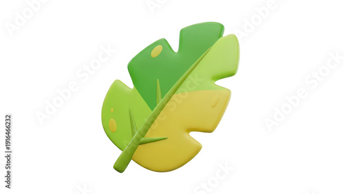 Stylized abstract 3D rendered monstera leaf with smooth rounded edges and playful yellow spots representing nature and organic growth isolated on transparent background for design