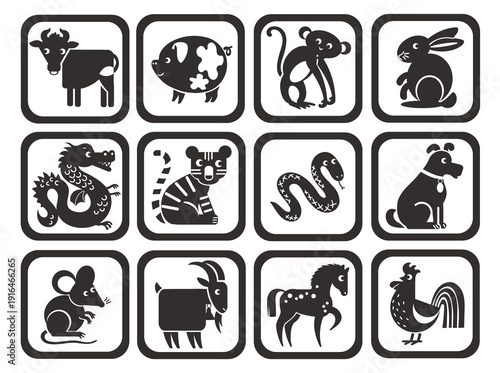 Black geometric animals icons. Simple shapes fauna characters, cow, tiger, snake silhouettes, chinese horoscope signs, logotype or web buttons design, astrological splendid vector isolated set