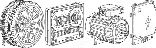 Car tire, cassette tape player, electric motor, battery pack, mechanical components, electronic devices, engineering design, technology evolution, industrial equipment, power system