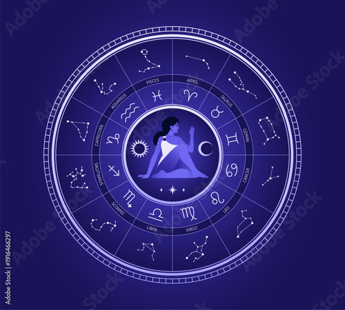 Women zodiac circle. Feminine round with astrological signs, beautiful girl in bikini, different constellations, celestial mystic emblem, cosmic balance tidy vector cartoon isolated concept