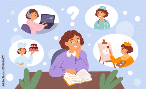 Student chooses profession. Thoughtful girl with book, finding job direction in life, future career graduate dreams, girl planning and decision making garish vector cartoon isolated concept