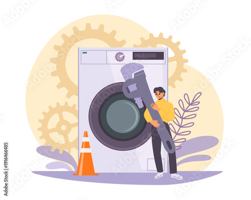 Repair of household appliances. Repairman with large wrench on background of washing machine, reliable home service, technician character laundry equipment vector cartoon isolated concept