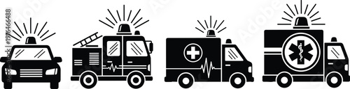 Emergency vehicle silhouette set, police car, fire truck, ambulance with medical cross, star of life, public safety icon illustration