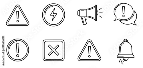 Warning Sign Icons: A collection of concise, vector-style warning sign icons, each designed with stark lines and simple graphics. Conveying a sense of urgency and alert.