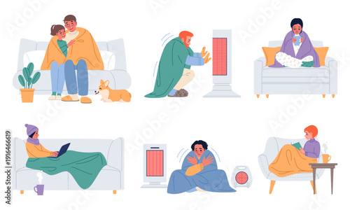 People freezing at home. Winter cold season, heating lack, keep warm attempts, warm blankets, shivering sad characters in living rooms with sofa, classy vector cartoon isolated set