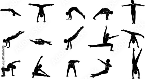 Collection of Yoga and Meditation Silhouettes on White Background pose exercise
