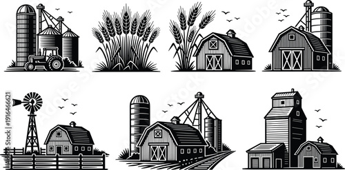 French fries packaging illustration set, tray with sauce, fast food fry box, paper bag, cone holder, culinary design art