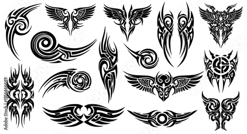 Tribal Tattoo Designs: An array of intricate tribal tattoo designs, each a unique expression of art. Showcasing a spectrum of forms, from symmetrical wings to swirling patterns.