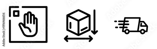 Logistics line icon set, delivery truck and package dimensions symbols, shipping and handling vector icons