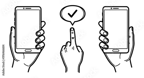 Digital Approval: An illustrated representation of the digital realm, displaying a hand selecting a virtual checkmark over a smartphone, symbolizing approval and affirmation.
