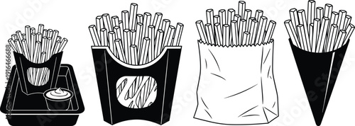 French fries packaging illustration set, tray with sauce, fast food fry box, paper bag, cone holder, culinary design art