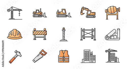 A comprehensive set of construction industry icons featuring heavy machinery, building tools, safety equipment, and architectural elements.