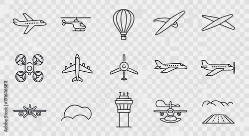 A collection of line art icons depicting various aircraft, aviation elements, and airport infrastructure on a transparent background.