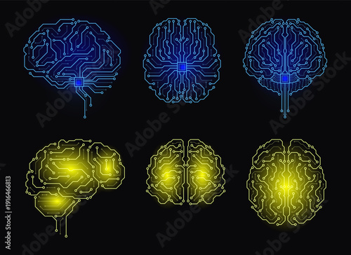Neon circuit brains. Human head content, microchips, glowing chains of connections, artificial intelligence symbol, data processing architecture, innovation qualitative vector isolated set