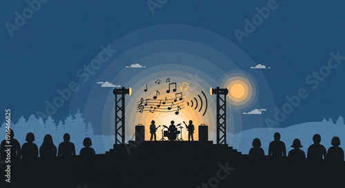 Music festival at night with band on stage and audience musical notes and sound waves in background outdoor concert under moonlight