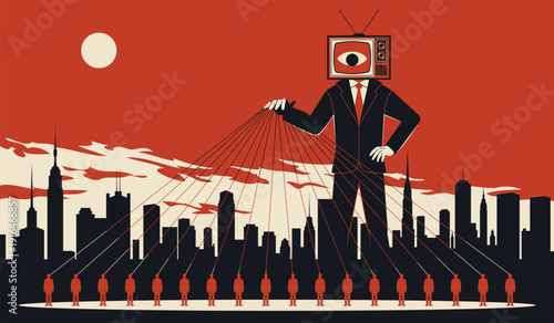 Manipulation people. Imposition of opinions and views through mass media, zombie television, brain control, influence dominates, mass communication tidy vector isolated propaganda concept