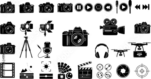 Camera icon vector illustration, black and white photo symbol design, photography logo element, modern camera silhouette, flat graphic pictogram, minimalist style