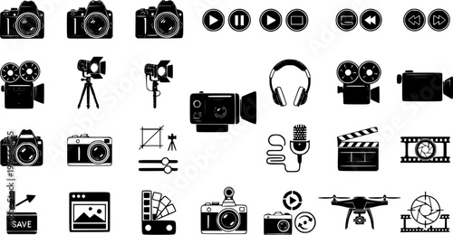 Camera icon vector illustration, black and white photo symbol design, photography logo element, modern camera silhouette, flat graphic pictogram, minimalist style