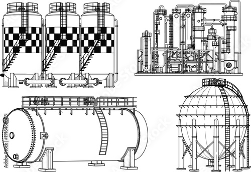Industrial storage equipment, chemical plant illustration, cylindrical silos, horizontal tank, spherical gas storage, petrochemical facility, manufacturing design, energy industry infrastructure