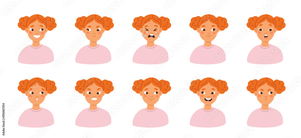Obraz premium Girl emotions. Funny red haired child, different facial expressions, young female character, cute kid avatar different mood, happy or surprised, sad head, garish vector cartoon isolated set
