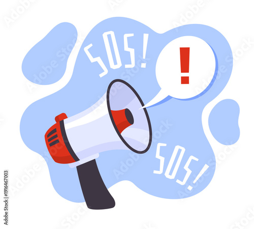 Important announcement. Warning of danger, call for help, large loudspeaker or megaphone with speech bubble, sos banner or poster, crisis attention signal cartoon isolated vector concept