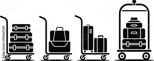 Luggage cart, travel baggage, hotel trolley, airport luggage, stacked suitcases, rolling bags, briefcase backpack, bellhop trolley, travel gear, tourism
