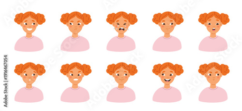 Girl emotions. Funny red haired child, different facial expressions, young female character, cute kid avatar different mood, happy or surprised, sad head, garish vector cartoon isolated set