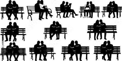 Silhouette couple sitting on park bench looking at each other on white background vector illustration
