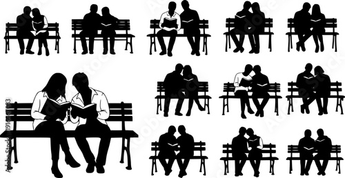 Silhouette couple sitting on park bench looking at each other on white background vector illustration
