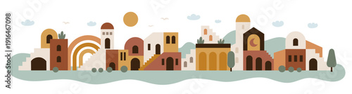 Geometric city landscape. Boho urban line, flat architecture houses elements, islamic buildings with domes, stairs, arches, contemporary minimal style border, garish vector geometric concept