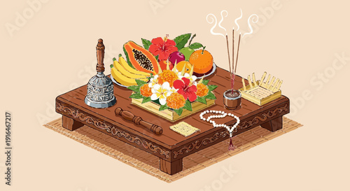 Balinese Offering Table with Fruits and Flowers During Nyepi Ceremony in Clean Flat Vector Illustration