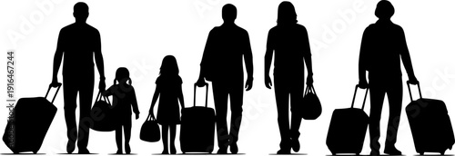 Silhouettes of Women Walking with Suitcases on a White Background Keywords: woman, women, silhouette, walking, suitcase, luggage