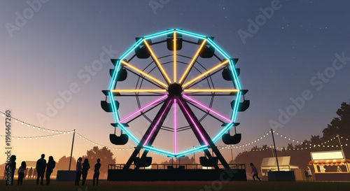 Vibrant ferris wheel at dusk with neon lights surrounded by people and string lights at a fairground or carnival scene