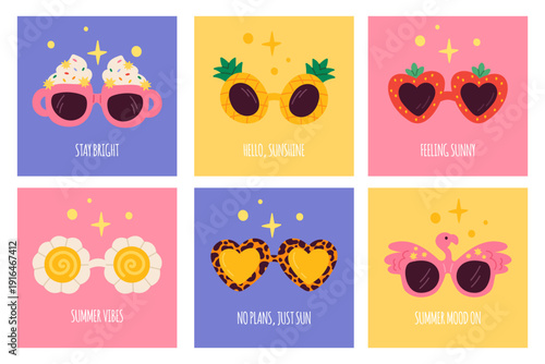 Simple design party sunglasses cards. Bright carnival glasses with unusual different shapes frames, cute inscriptions, square templates, carnival eyewear, garish vector cartoon isolated set