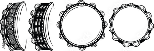 Tambourine illustration set, musical instrument sketch, top and side view, black and white drawing, percussion design, educational art