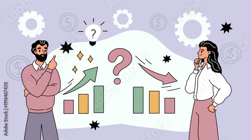 Persons think about choice. Couple solves problem together, path to profit, market analysis, startup launch process, financial planning, strategy garish vector cartoon isolated concept