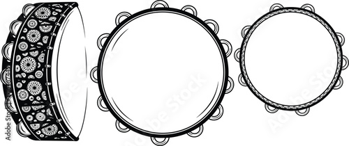 Tambourine musical instrument, percussion instrument, side view tambourine, top view tambourine, round frame tambourine, jingles tambourine, music education