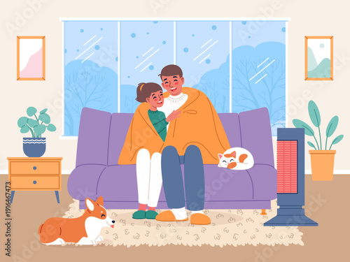 People warming in room. Couple in love wrapped in warm blanket, happy young family on couch indoor relaxation, cold weather, cozy home hygge evening, classy vector cartoon isolated concept