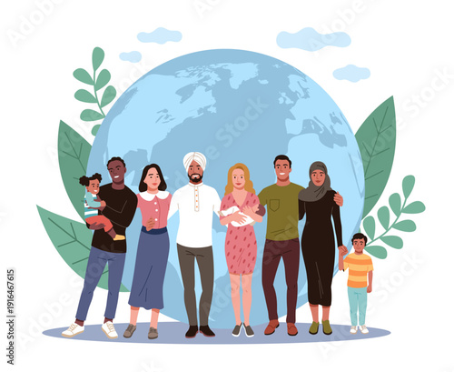 Multinational big family. Legal status birth, human rights and non discrimination, happy people inclusion, support and cooperation, vector cartoon isolated multicultural community concept