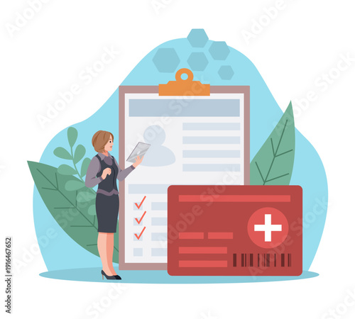 Medical smart healthcare card. Patient identification and registration, woman checks patient information against database, clinical documentation management vector cartoon isolated concept
