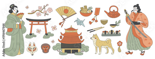 Japanese characters culture elements. Cartoon ukiyo e style traditional asian symbols, people in traditional clothing, samurai, geisha in kimono, oriental mask, sushi garish vector flat set