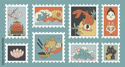 Japan postage stamps. Traditional symbols, elements and culture attractions, oriental masks souvenir, architecture, nature and food, traveling decorative stickers, garish vector isolated set