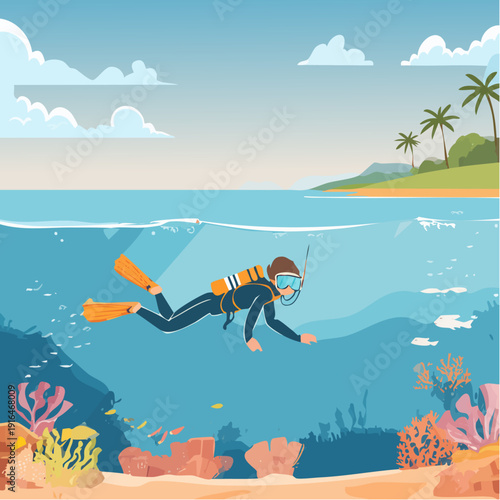 Scuba Diver Exploring Coral Reef Underwater with Tropical Island and Sailboat – Split View Ocean Illustration