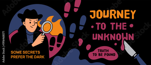 Film movie poster. Detective thriller banner, man in hat with magnifying glass is investigating murder, cinema genre, crime mystery storytelling, garish vector cartoon isolated concept